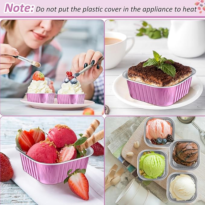 Aoriher 150 Pcs 10 oz Mini Cake Pans with Lids Aluminum Foil Baking Cup Disposable Square 4 x 4 Large Baking Tin, Muffin Pan Cheesecake Kitchen Brownie Pudding Desserts Holder(Rose Red)