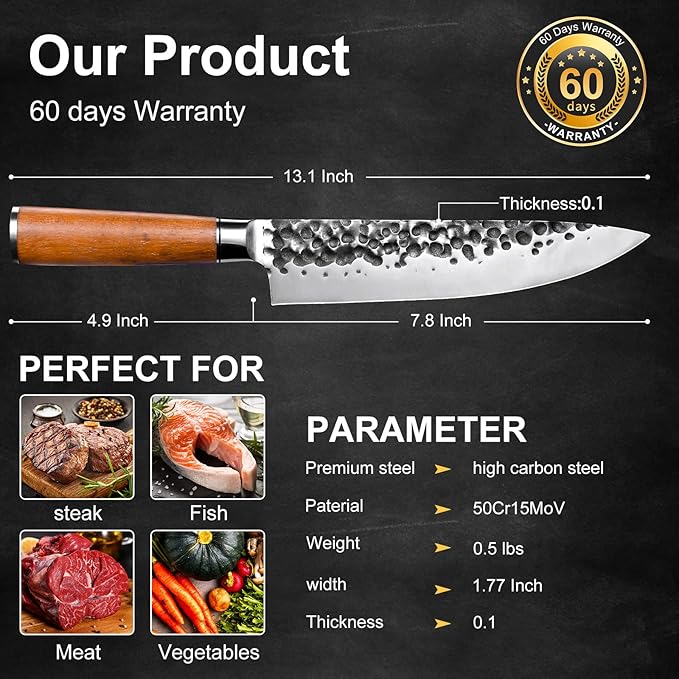 Ink Plums 8 inch Kitchen Chef's Knife, German High Carbon Stainless Steel Sharp Knife, Professional Meat Knife with Brazilian Rosewood Handle and Gift Box for Family & Restaurant
