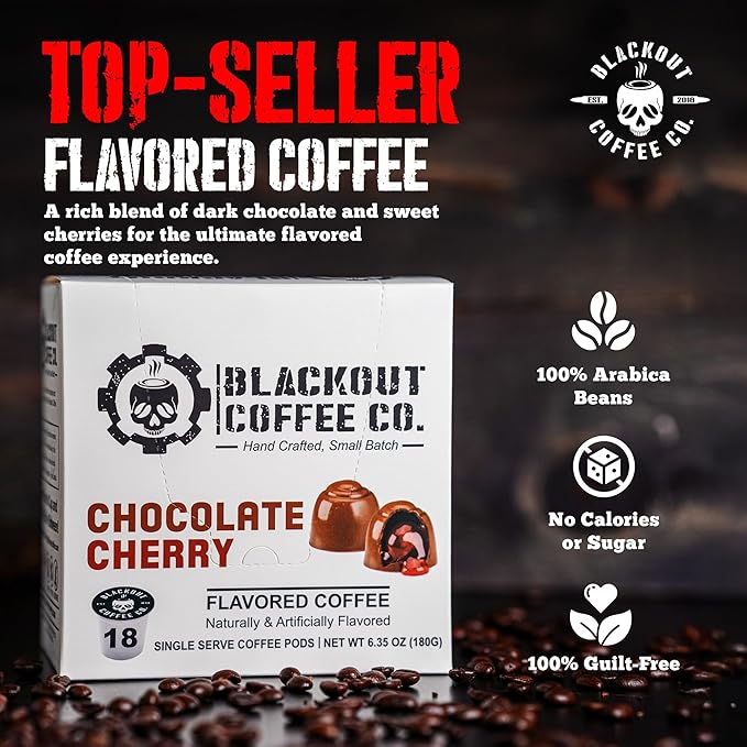 Blackout Coffee Chocolate Cherry Flavored Coffee Pods – Premium Roasted, Smooth Taste, Guilt-Free Indulgence – 18 Count Single-Serve Coffee Pods.
