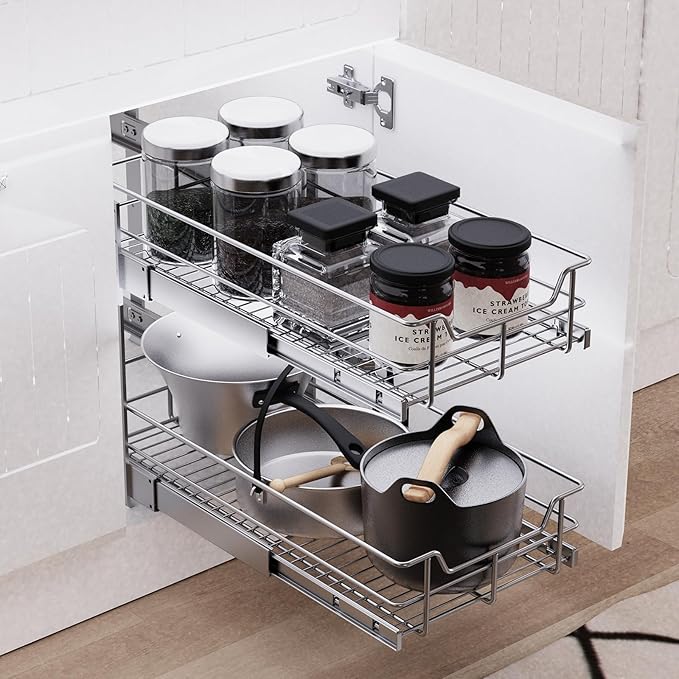 2 Tier Pull Out Cabinet Organizer 15" W X 22" D, Chromed, Full Slide Out