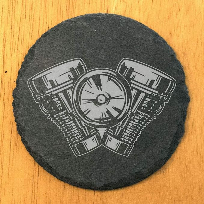 Engraved V-Twin Motorcycle Engine Coasters Set of 5 – Round – USA Made