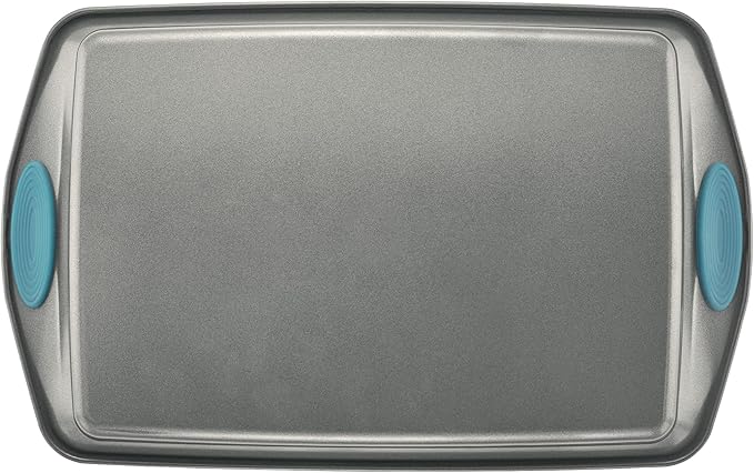 Rachael Ray Nonstick Baking Pans Set, 3-Piece Cookie Pan Bakeware, Gray with Agave Blue Silicone Grips