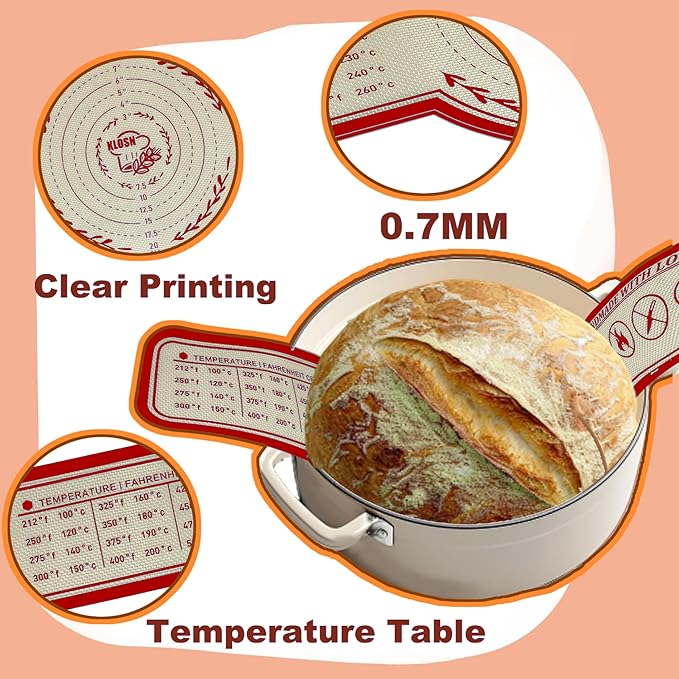 KLOSN Silicone Bread Sling for Dutch Oven, 2 Pack (8" & 10" Round) – Non-Stick & 500°F Heat Resistant Sourdough Mat, Easy to Clean, Reusable Food-Grade Sourdough Slings - Fits 5–7 qt Dutch Ovens