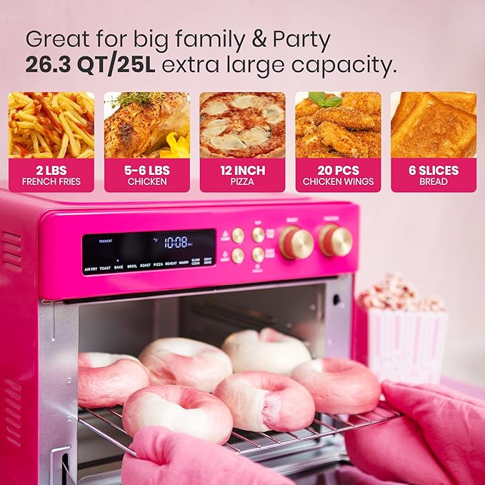 VAL CUCINA 26.3 QT Limited Edition Happy Pink Infrared Heating Air Fryer Toaster Oven, Large Countertop Convection Oven 10-in-1 Combo, 6-Slice Toast, Enamel Baking Pan Easy Clean with Recipe Book