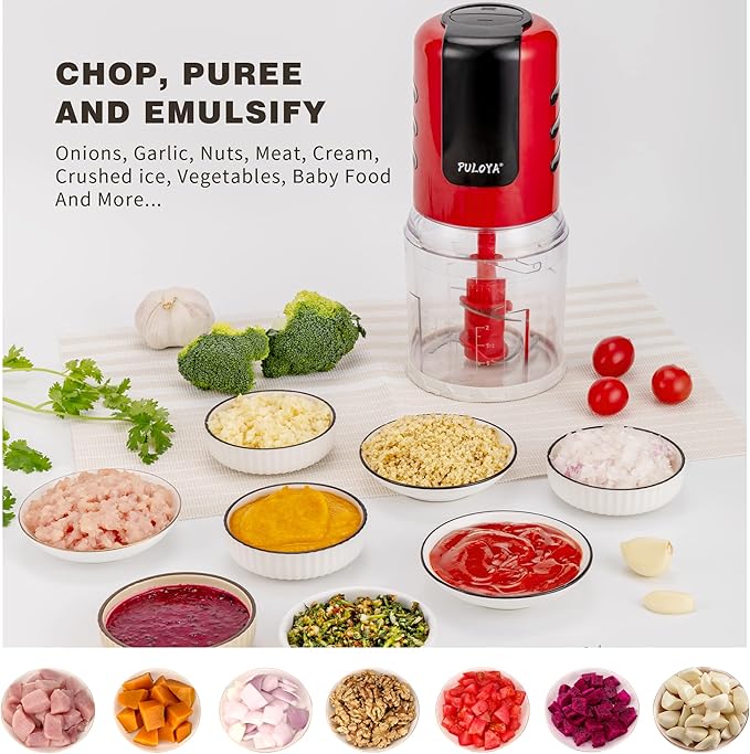 PULOYA Mini Prep Food Processor 2 Cup Small Electric Food Chopper 2 Speed for Vegetables, Meat, Fruits and Nuts with 4 Stainless Steel Blades, 400-Watt, Red