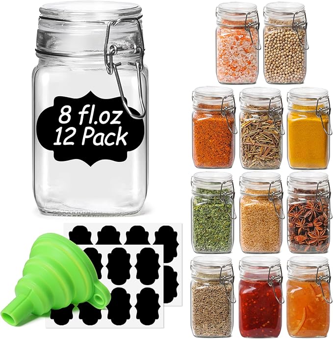 ComSaf Square Small 8 oz Glass Spice Jars with Airtight Lids 12 Pack Pantry