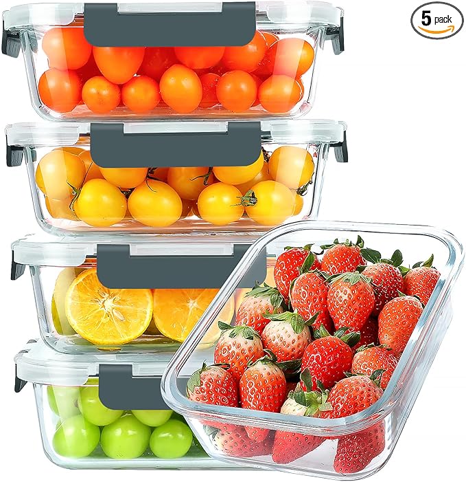 KOMUEE 30 oz 5 Pack Glass Meal Prep Containers with Lids, Gray