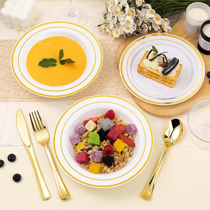 BESTSTAR 200 Pack Disposable Soup Bowls with Gold Rim