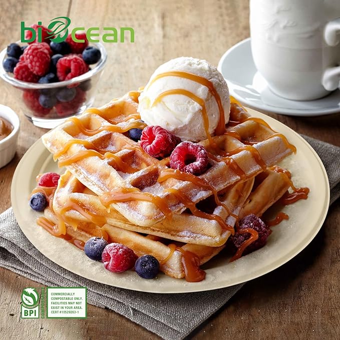biocean 6 Inch Compostable Plates 100 Pack Heavy Duty Compostable Paper Plate, Disposable Eco-Friendly Sugarcane Bagasse Plate, Natural Brown Plates for Dinner, Dessert, and Weddings