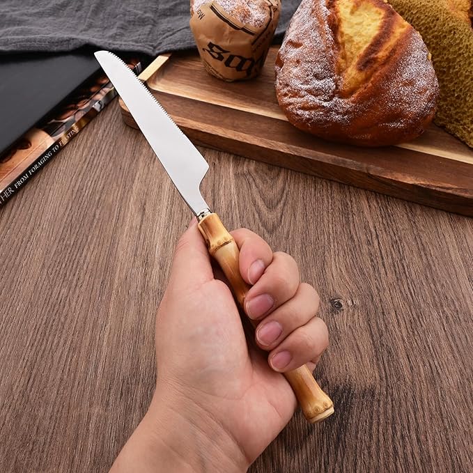 Uniturcky Dinner Knife Set with Bamboo Handle, 8-Piece Stainless Steel Shiny Silver Dinner Knives, Creative Design Table Knives for Home Restaurant, 8.74 inch, Handcrafted
