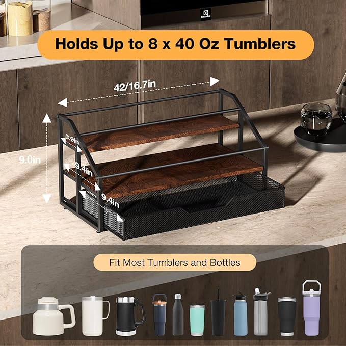 MOJOHAND 3-Tier Stanley Cup Rack with Basket for 8 Tumblers