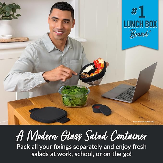 Bentgo Glass Salad Container - 7.6-Cup Salad Bowl with Airtight Lid, Leak-Proof Sauce Container, 4-Compartment Bento Tray & Reusable Fork - BPA-Free for Meal Prep, Office & More (Black Onyx)