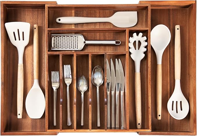 KitchenEdge Silverware & Utensil Drawer Organizer, 14.5-25 in, Acacia