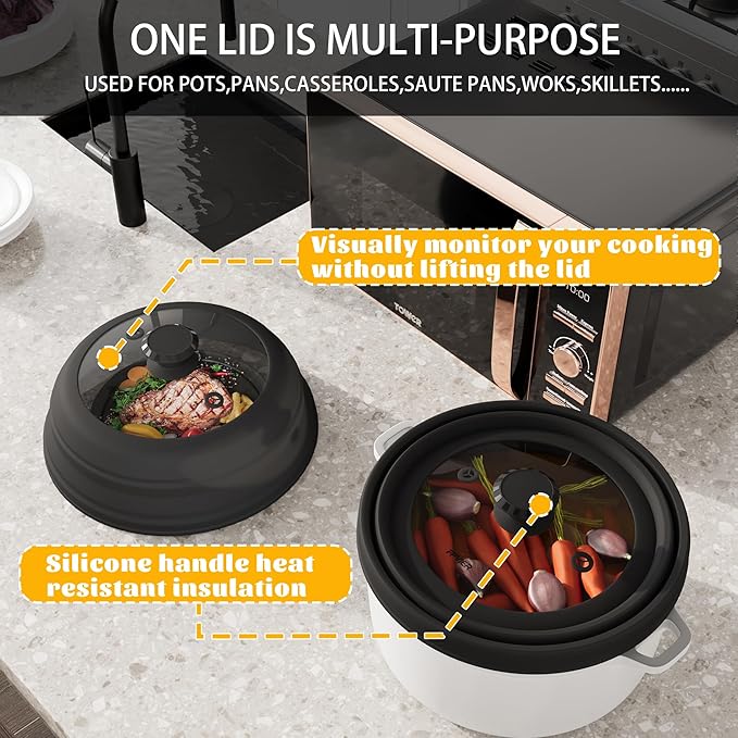 Microwave Splatter Cover, Vented Silicone & Glass Anti-Splatter Lid with Handle, Collapsible Food Plate Cover Fits 6–11 Inch Plates and Bowls (Black, 11.8inch)