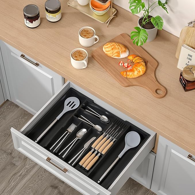 TIOPGHAD Expandable Bamboo Silverware Drawer Organizer Kitchen Tray, Black