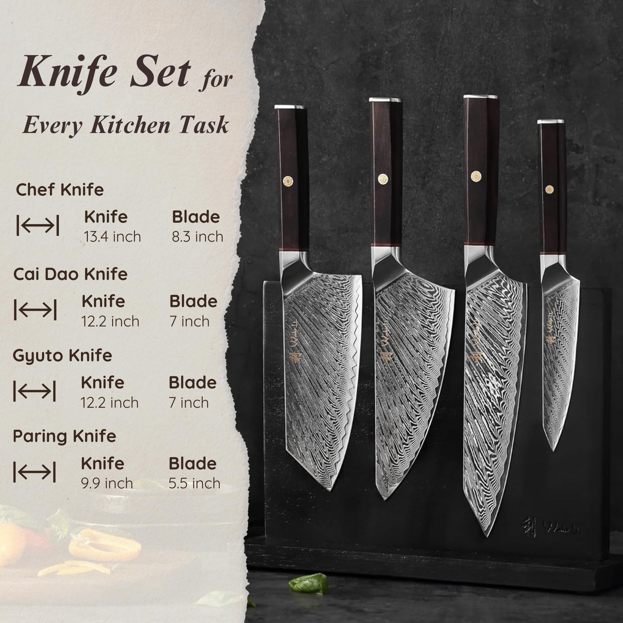 Wakoli Culinary Asia 4-Piece Asian Knife Set, VG10 Damascus, Magnetic Block