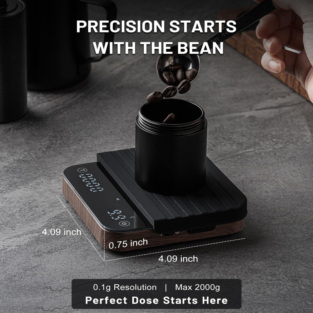 KitchenTour CaféMetric Coffee Scale with Timer 0.1g/2000g - Precision Small Scale for Espresso & Pour Over - Mini Scale with LED Display Recharge Wood
