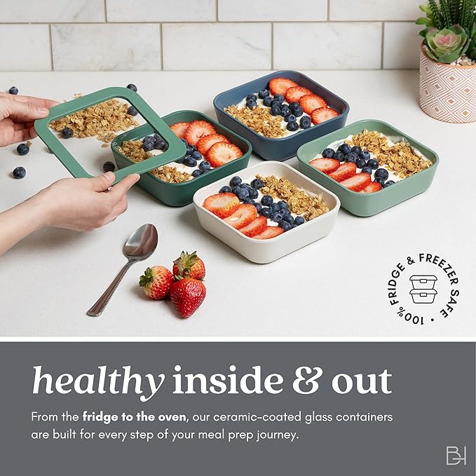BRIVARA HOME Glass Food Storage Container with Lid, 5-Cup Medium Square | Microwave-Safe Airtight Lid, Oven-Safe Ceramic-Coated Glass | Zero Plastic, No PFAS/PFOA/BPA, Reusable [Crema]
