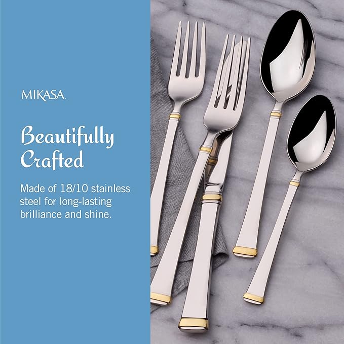 Mikasa Harmony 65-Piece Flatware Set for 12, 18/10 Stainless Steel Silverware with Gold Accent Handles, Service for 12 with Serving Utensils, Dishwasher Safe