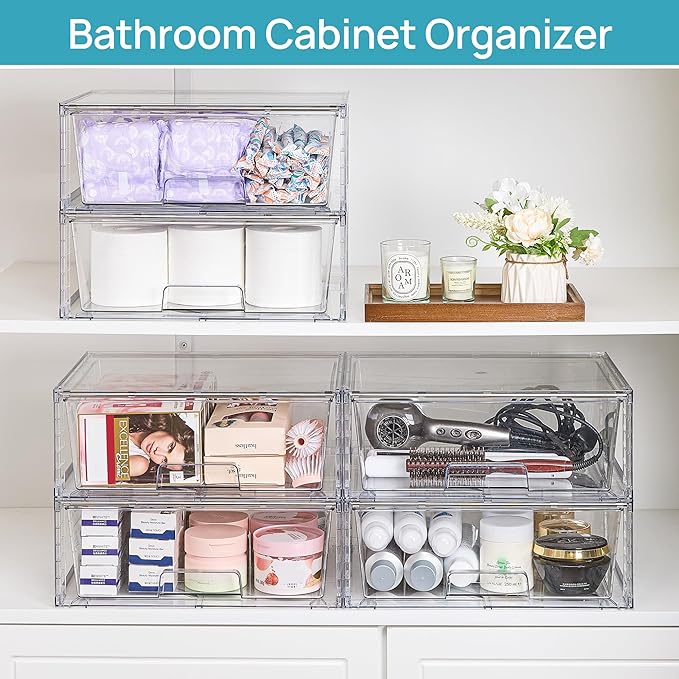 Vtopmart 6 Pack Large Clear Stackable Storage Drawers for Closet, Pantry