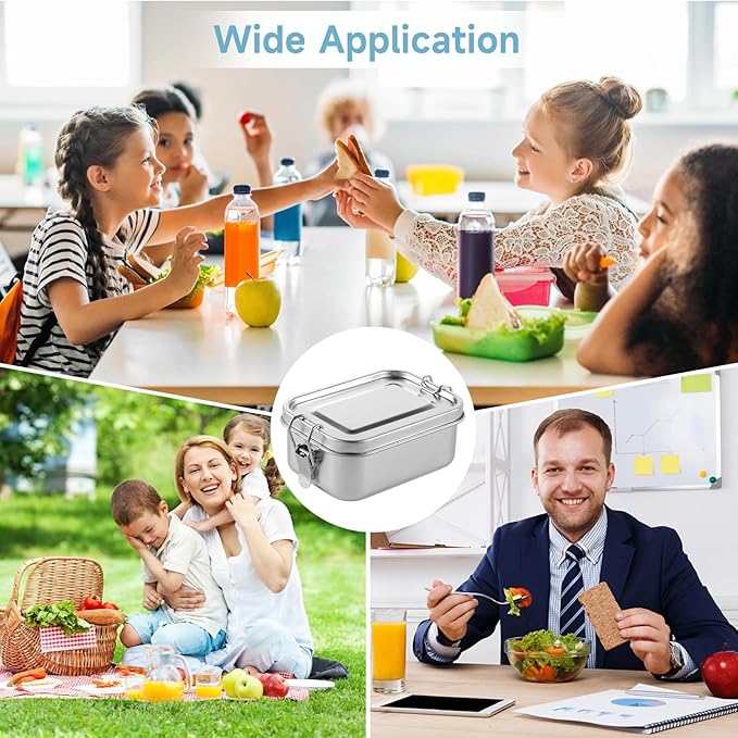 Tideme 4 PCS Bento Boxes, 550 ML Stainless Steel Lunch Boxes, Food Storage Containers, Portable Metal Lunch Containers, Lockable Clips to Leak Proof, Reusable Dishwasher Safe Lunch Snack Boxes