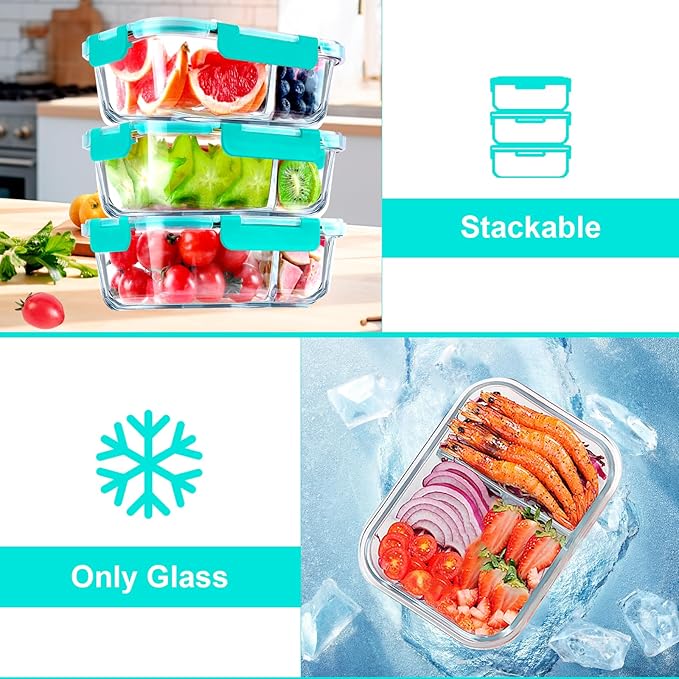 VERONES 5 PACK 36 OZ Glass Food Storage Containers 2 Compartment Set, Green