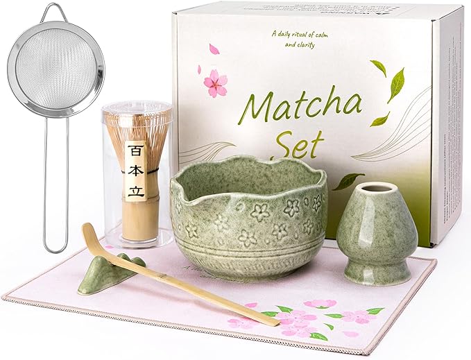 ALBISS Matcha Whisk Set, 7Pcs Ceramic Matcha Kit with Cherry Blossom Design