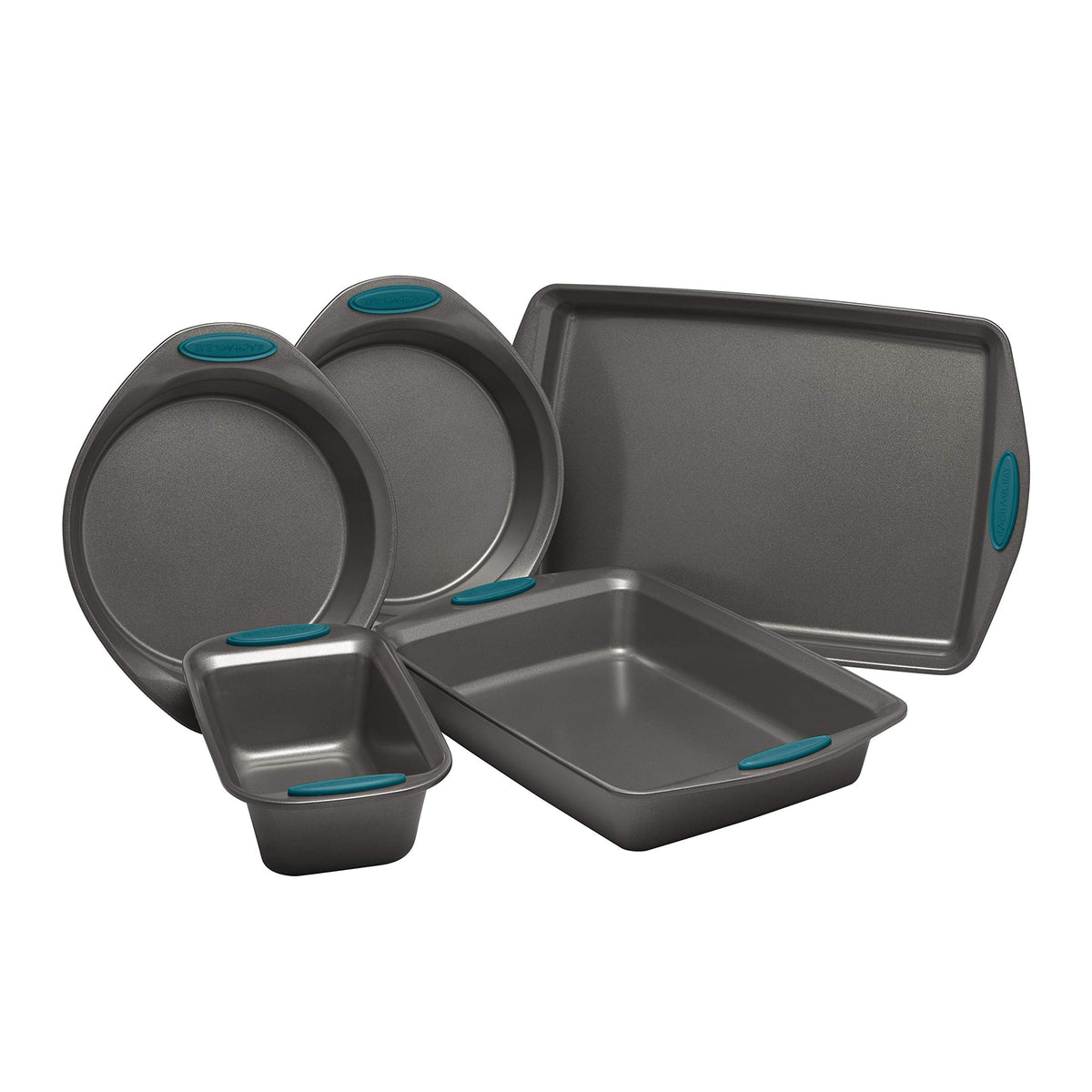 Rachael Ray 47021 Nonstick Bakeware Set with Grips includes Nonstick Baking Pans, Baking Sheet and Nonstick Bread Pan - 5 Piece, Gray with Marine Blue Handles