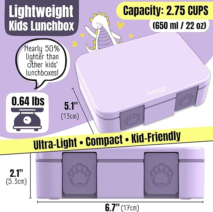 BEARFOOT Kids Lunch Box with Compartments – Compact & Lightweight | Leak-Proof, BPA-Free, Dishwasher Safe | Hand-Drawn Design for Preschool, School, Travel (Purple, 2.75 Cups)