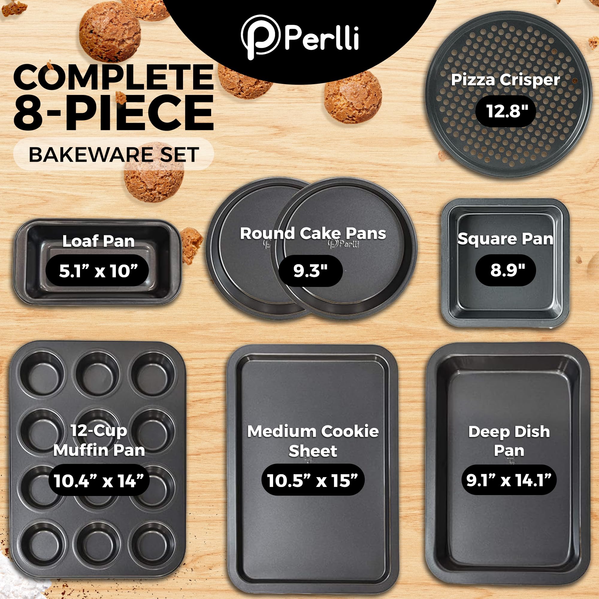 PERLLI Non-Stick 8-Piece Bakeware Set – Carbon Steel with Even Heat Distribution, Oven Safe to 446°F, BPA-Free, Dishwasher Safe, Stackable Baking Tools for Easy Storage and Everyday Cooking - Gray