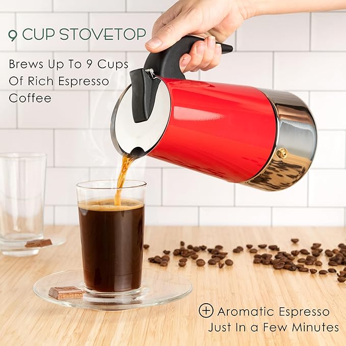 Mixpresso 9 Cup Greca Moka Pot Red Stainless Steel Stovetop Espresso Maker