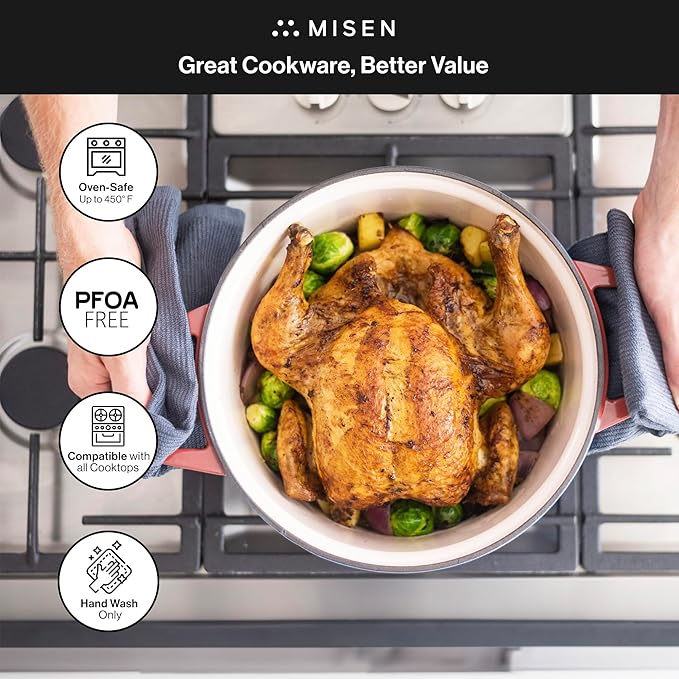 Misen 7 QT Enameled Cast Iron Dutch Oven - Chip-Resistant Enamel Coating - Thick Iron Core For Heat Retention - Large Cooking Surface - Oven Safe, Induction Compatible - Grill and Silicone Lid, Red