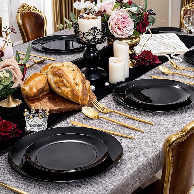 PULOTE 200PCS Black Plastic Plates - Heavy Duty Black Disposable Include 100 Each (10 inch Dinner & 7 inch Dessert) Plates, Disposable for Party, Birthday & Graduation