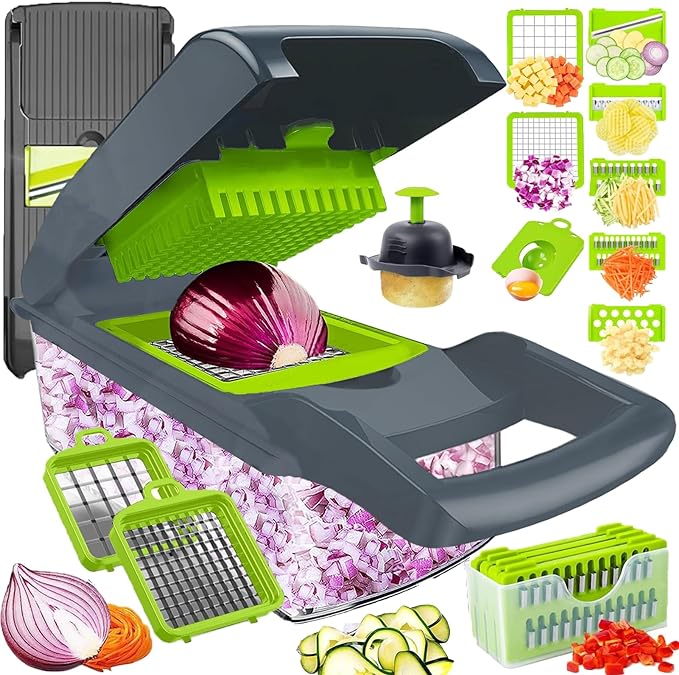 Vegetable Chopper Dicer with Container | Cheese Grater Mandoline Slicer Cabbage Shredder French Fry Cutter Stainless Steel for Veggie Onion Potato Fruit Food, Manual Hand Cooking Gadget for Kitchen
