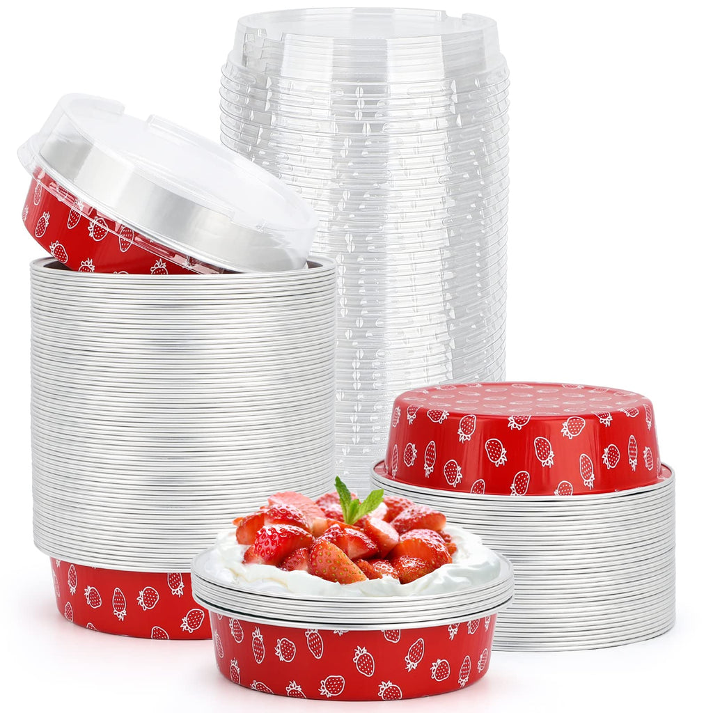 Beasea Disposable Mini Pie Pans with Lids, 100 Pack 4 Inch 8oz Aluminum Baking Foil Tins Small Round Tart Cups Containers for Individual Cupcake Dessert Muffin Cheesecake Ramekins Quiche Oven Dishes