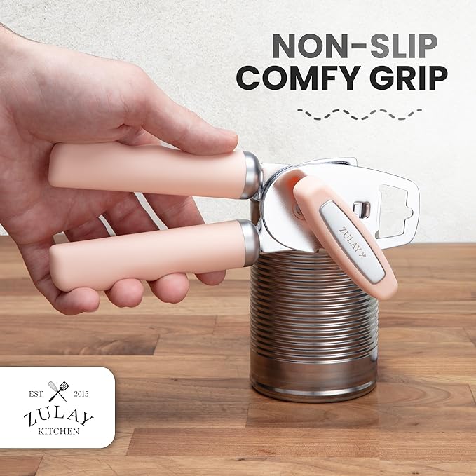 Zulay Kitchen Heavy Duty Stainless Steel Can Opener Manual with Bottle Opener - Rust Proof Manual Can Opener With Turn Knob & Comfy Soft Grip Handles - Apricot Peach