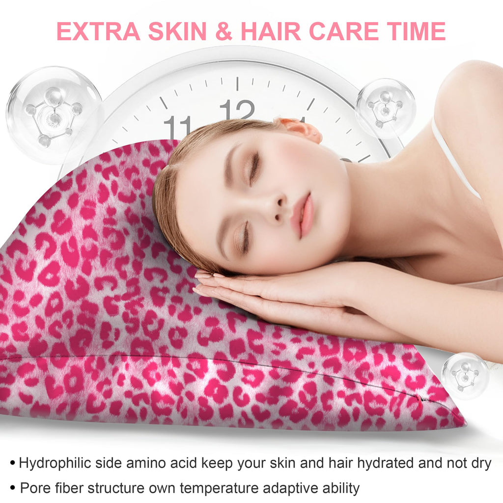 Silk Pillow Cases 2 Pack Standard Size with Hidden Zipper, Mulberry Silk Pillowcase for Hair and Skin, Smooth and Soft Breathable Cooling Silk Satin Pillowcase Set of 2, Gifts for Women，Leopard Pink