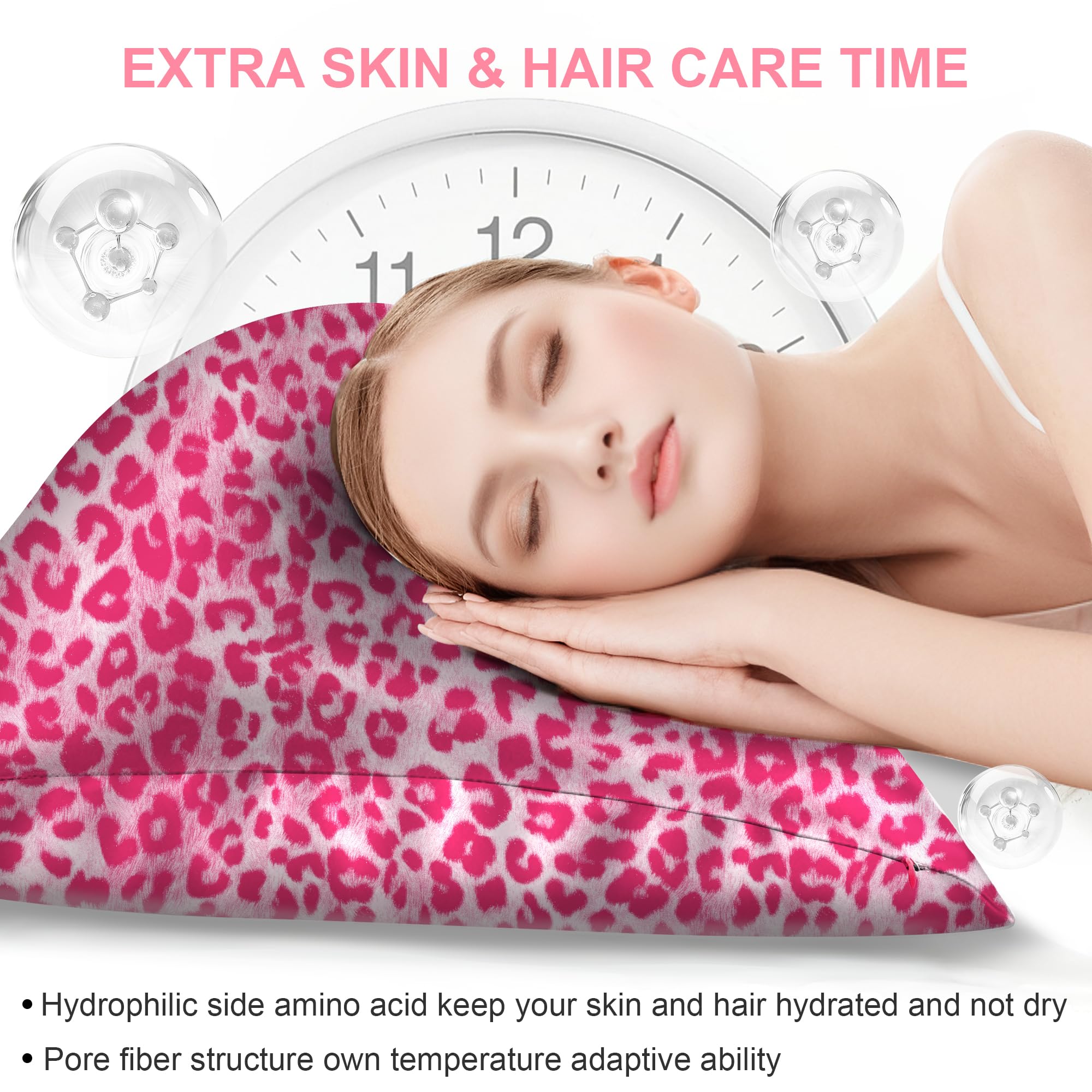 Silk Pillow Cases 2 Pack Standard Size with Hidden Zipper, Mulberry Silk Pillowcase for Hair and Skin, Smooth and Soft Breathable Cooling Silk Satin Pillowcase Set of 2, Gifts for Women，Leopard Pink