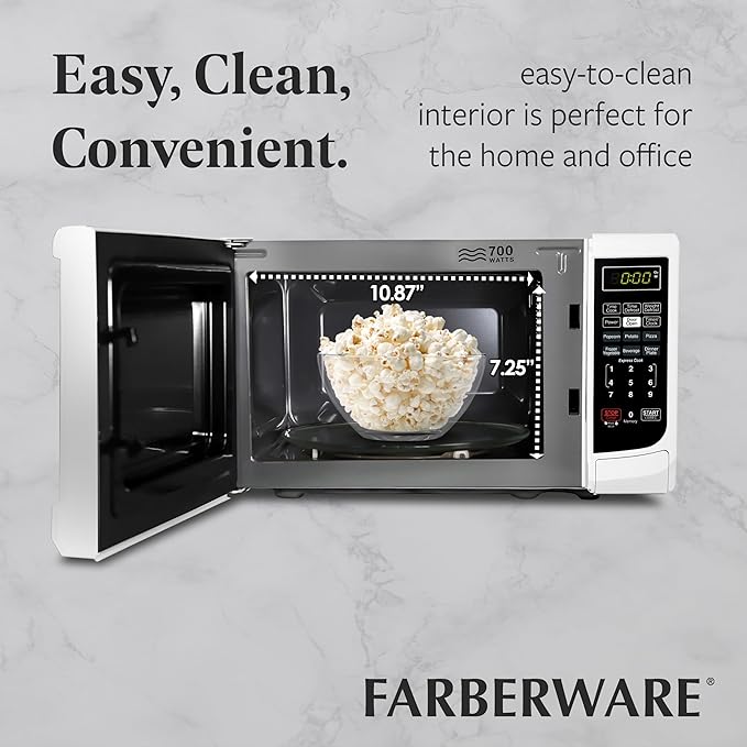 Farberware 0.7 Cu. Ft. Countertop Microwave Oven – 700 Watts Power, Auto Cook Settings, Defrost, Easy Clean and Child Safety Lock - White