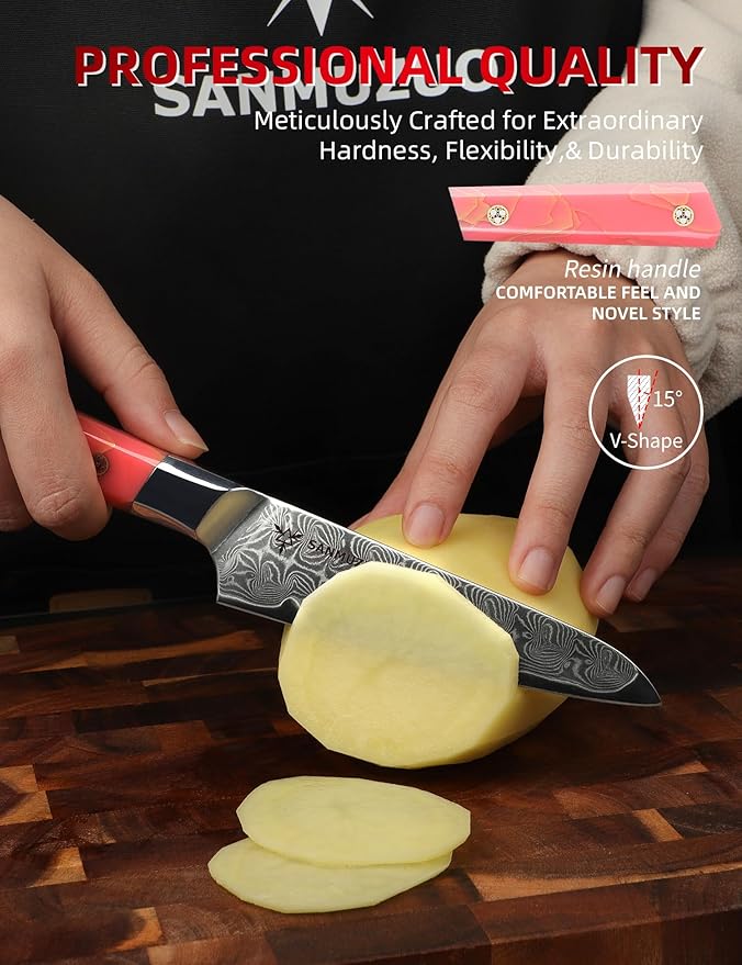 SANMUZUO Kitchen Utility Knife 5 Inch, Professional Kitchen Chef Knife, Ultra Sharp Damascus Powder Steel with Full-tang Resin Handle, SHENG Series
