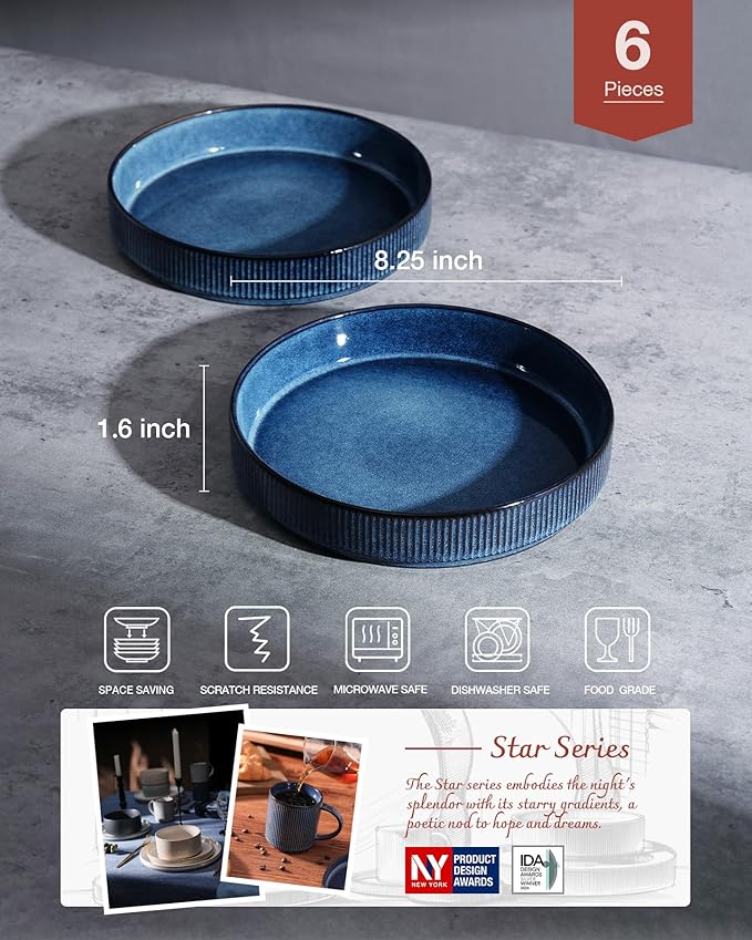 famiware Star 8.25" Pasta Bowls Set of 6, Bowl Plates, Nebulas Blue