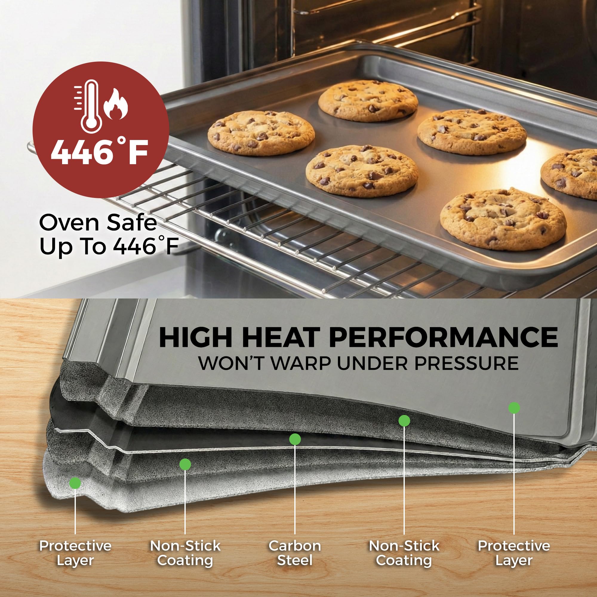 PERLLI Non-Stick 8-Piece Bakeware Set – Carbon Steel with Even Heat Distribution, Oven Safe to 446°F, BPA-Free, Dishwasher Safe, Stackable Baking Tools for Easy Storage and Everyday Cooking - Gray