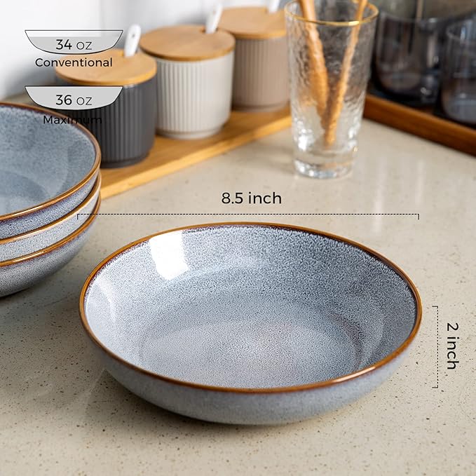 AmorArc 8.5’’ Ceramic Pasta Bowls Set of 4, 36oz Large Stoneware Bowls Set