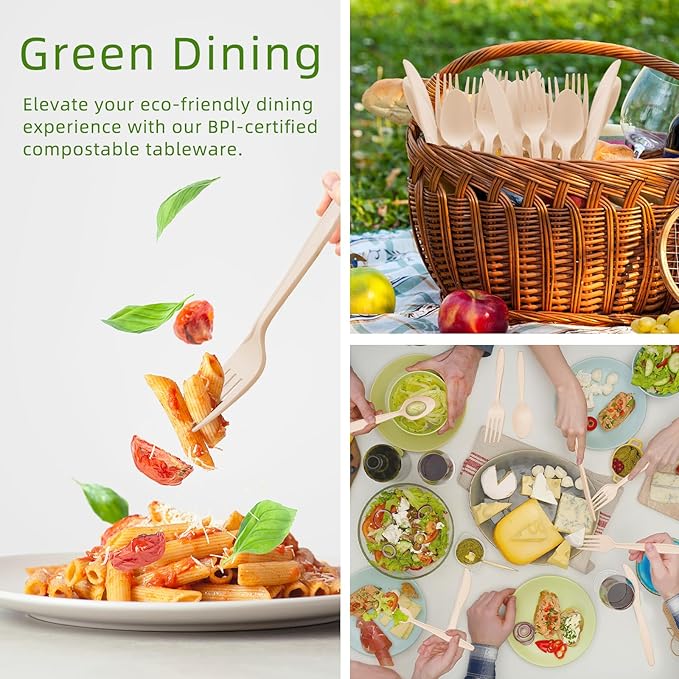 300 Count Light Brown Compostable Silverware Heavy Duty 100 Forks 100 Spoons 100 Knives, No Plastic Disposable Utensils Large Eco Friendly Biodegradable Cutlery for Party Office Wedding