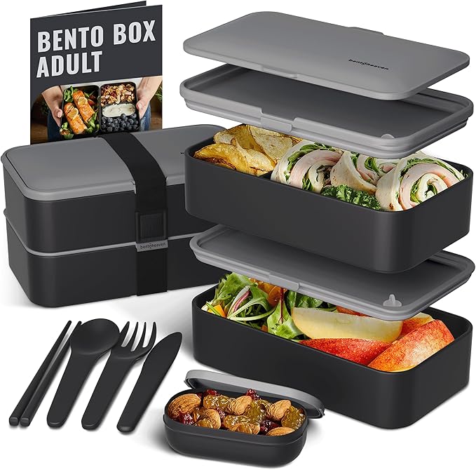 Bentoheaven Bento Box Adult, Stackable Lunch Box, 40 oz, Whispering Gray