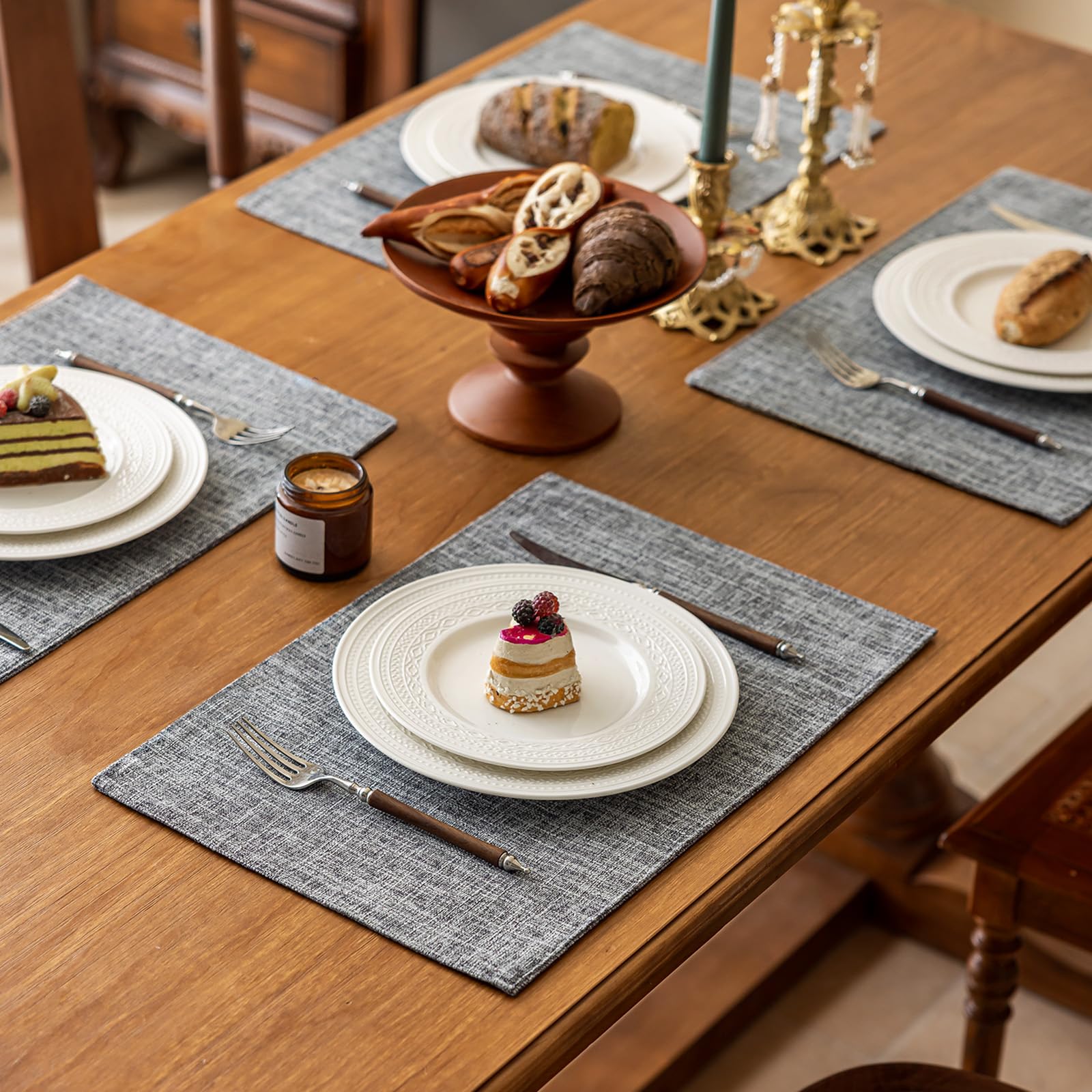 KXN Placemats Set of 4, Dual-Layer Thickened Faux Linen Table Mats, Heat Resistant & Wrinkle-Free, Machine Washable Cloth Place Mats for Kitchen Dining Indoor Outdoor (Light Gray)