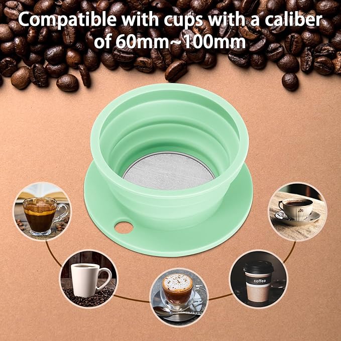 VVGCS Collapsible Travel Pour Over Coffee Maker Camping, Paperless Silicone Collapsible Pour Over Coffee Dripper with Metal Coffee Filter, Portable Coffee Strainer Pour Over Cup Single Serve (Green)