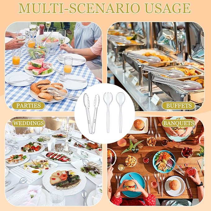 24 Pcs Disposable Clear Plastic Serving Utensils Set, Forks Spoons Tongs