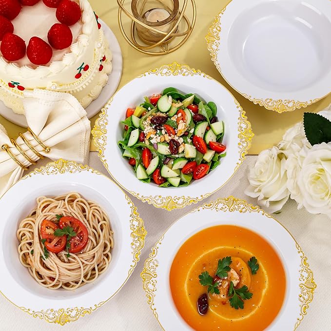 Joyido 100PCS Gold Plastic Bowls - 12 oz White Disposable Salad Bowls - Heavy Duty Soup Serving Bowl - Fancy Plastic Ice Cream Bowl for Parties, Dinners, Catering, Picnics