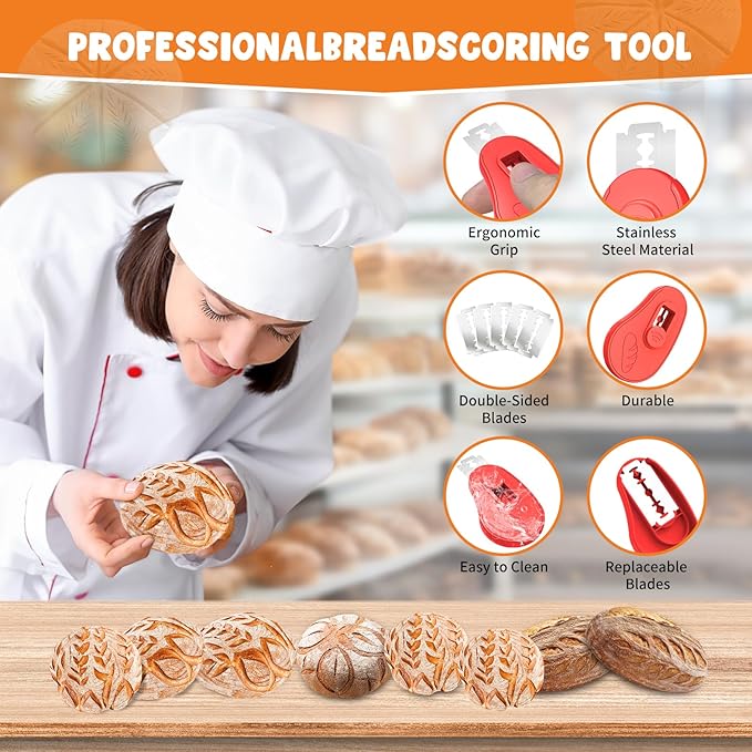 NeoRov Extractable & Magnetic Bread Lame Dough Scoring Tool - Professional Sourdough Scoring Tool - Sourdough Bread Baking & Bread Scoring Tool - Scoring Patterns booklet & 5 Razor Blades (Red)